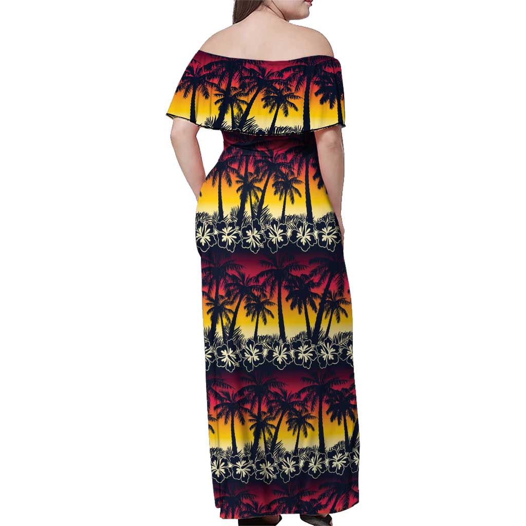 Hawaii Hibiscus Palm Tree Sunset Family Matching Off Shoulder Maxi Dress and Hawaiian Shirt Tropical Style - Polynesian Pride