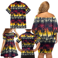 Hawaii Hibiscus Palm Tree Sunset Family Matching Off Shoulder Short Dress and Hawaiian Shirt Tropical Style - Polynesian Pride