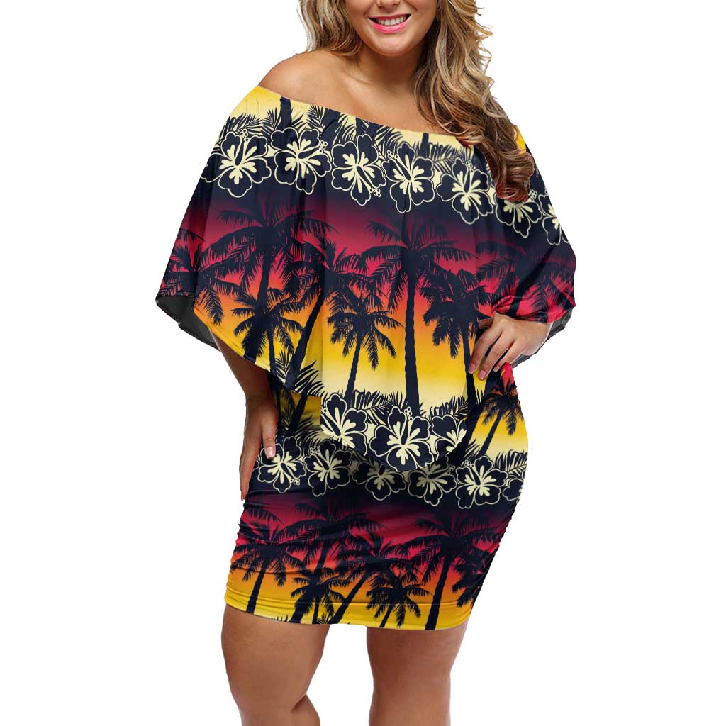 Hawaii Hibiscus Palm Tree Sunset Family Matching Off Shoulder Short Dress and Hawaiian Shirt Tropical Style - Polynesian Pride