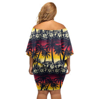 Hawaii Hibiscus Palm Tree Sunset Family Matching Off Shoulder Short Dress and Hawaiian Shirt Tropical Style - Polynesian Pride