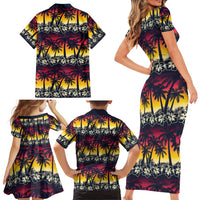 Hawaii Hibiscus Palm Tree Sunset Family Matching Short Sleeve Bodycon Dress and Hawaiian Shirt Tropical Style - Polynesian Pride