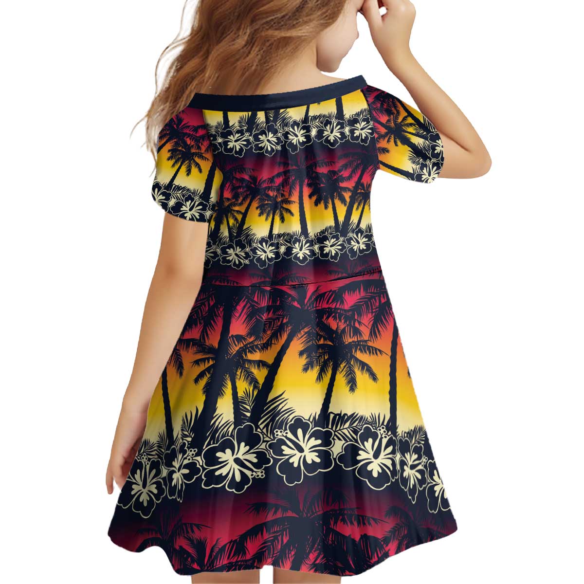 Hawaii Hibiscus Palm Tree Sunset Kid Short Sleeve Dress Tropical Style - Polynesian Pride