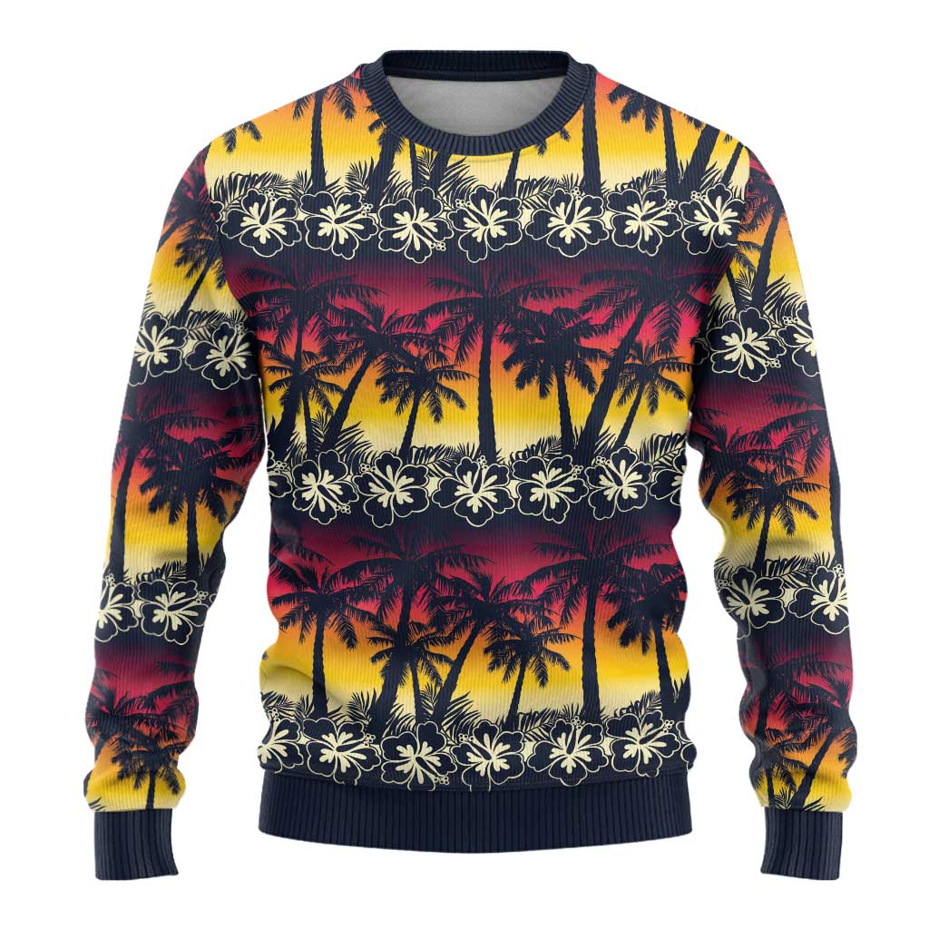 Hawaii Hibiscus Palm Tree Sunset Ugly Christmas Sweater Tropical Style - Polynesian Pride