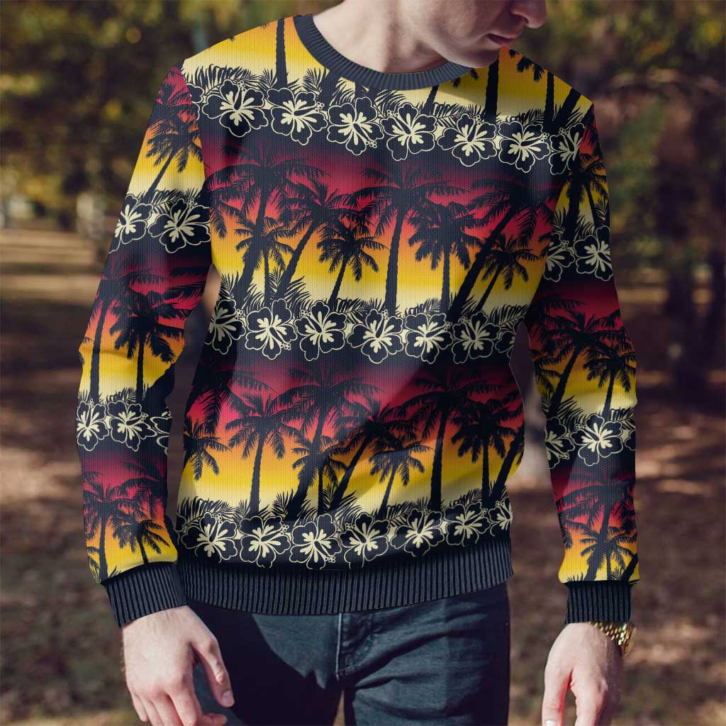 Hawaii Hibiscus Palm Tree Sunset Ugly Christmas Sweater Tropical Style - Polynesian Pride