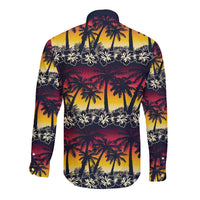 Hawaii Hibiscus Palm Tree Sunset Long Sleeve Button Shirt Tropical Style - Polynesian Pride