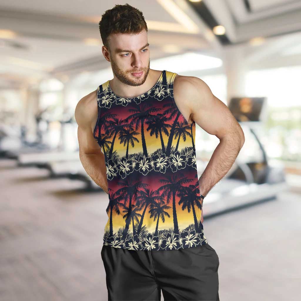Hawaii Hibiscus Palm Tree Sunset Men Tank Top Tropical Style - Polynesian Pride