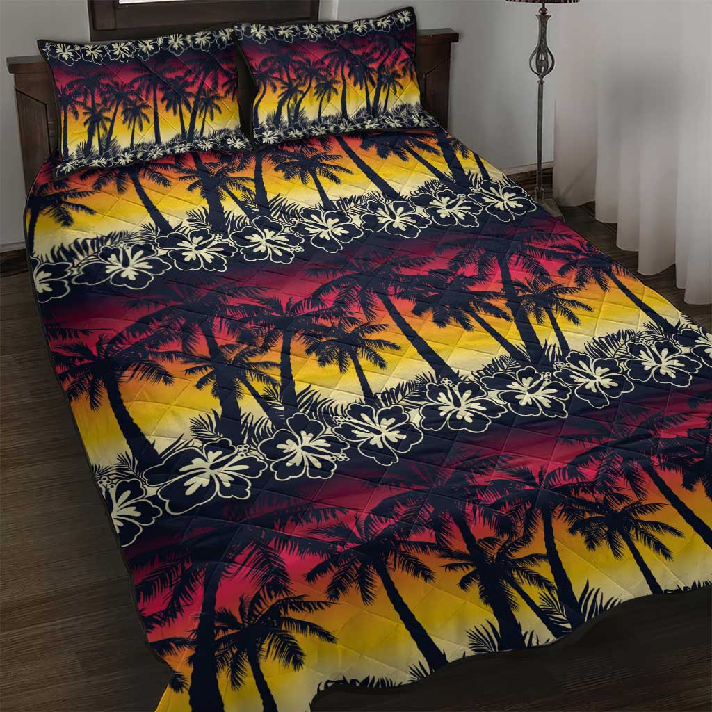 Hawaii Hibiscus Palm Tree Sunset Quilt Bed Set Tropical Style - Polynesian Pride
