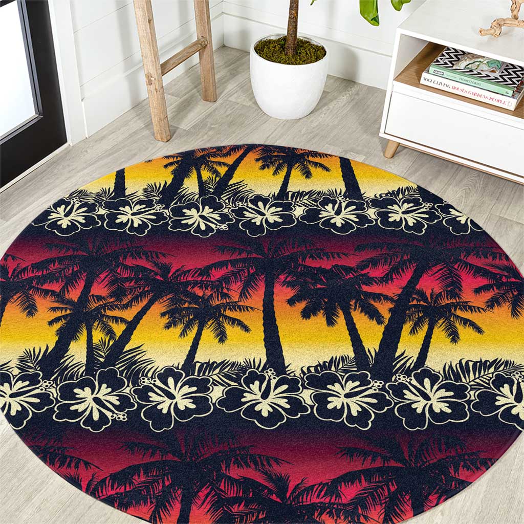 Hawaii Hibiscus Palm Tree Sunset Round Carpet Tropical Style - Polynesian Pride