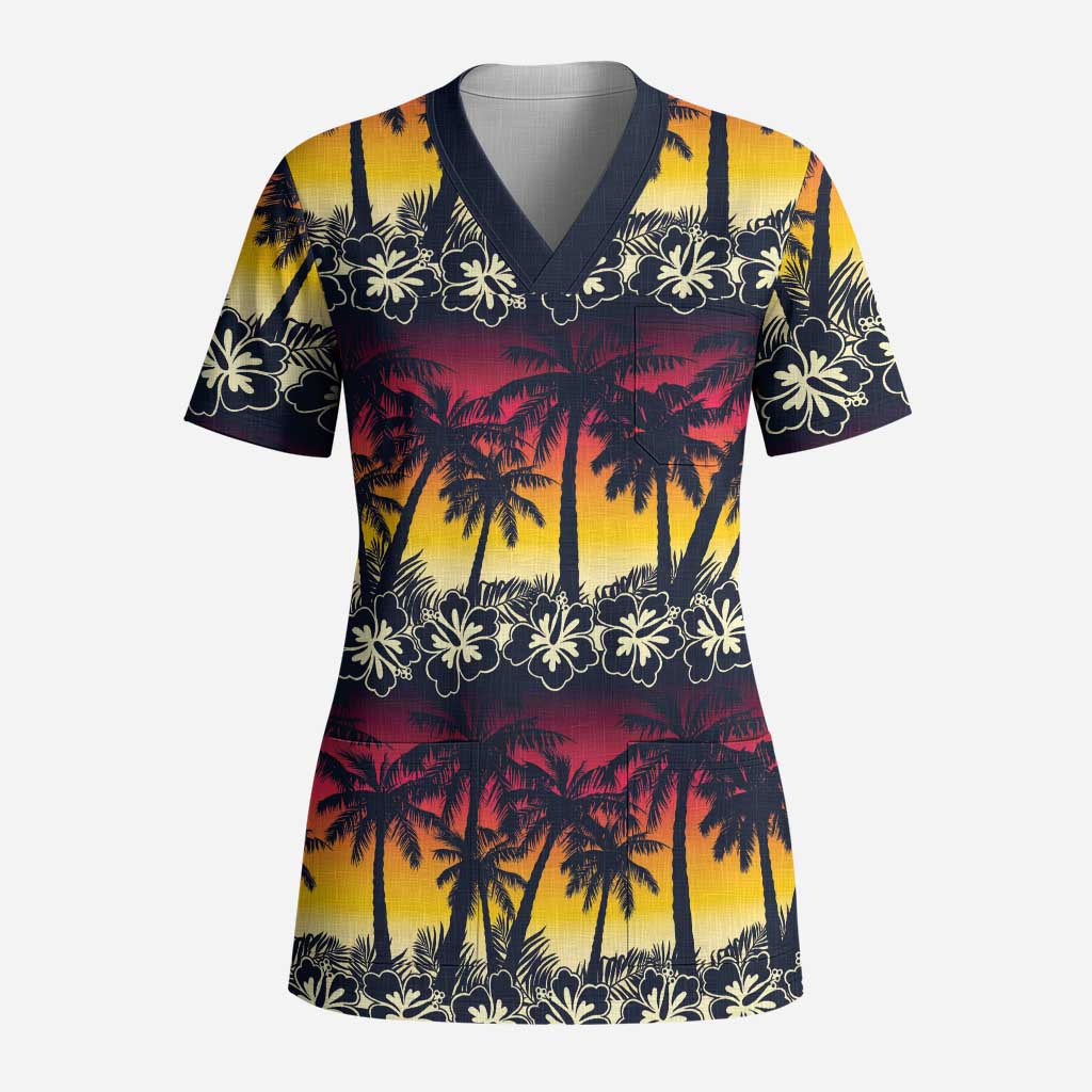 Hawaii Hibiscus Palm Tree Sunset Scrub Top Tropical Style LT01 Adult Multicolor - Polynesian Pride
