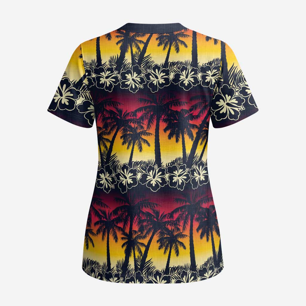 Hawaii Hibiscus Palm Tree Sunset Scrub Top Tropical Style - Polynesian Pride