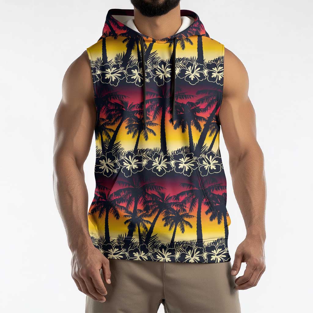 Hawaii Hibiscus Palm Tree Sunset Sleeveless Hoodie Tropical Style - Polynesian Pride