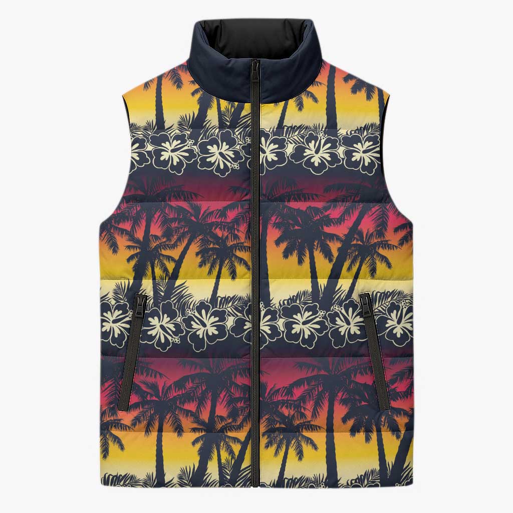 Hawaii Hibiscus Palm Tree Sunset Sleeveless Puffer Jacket Tropical Style - Polynesian Pride
