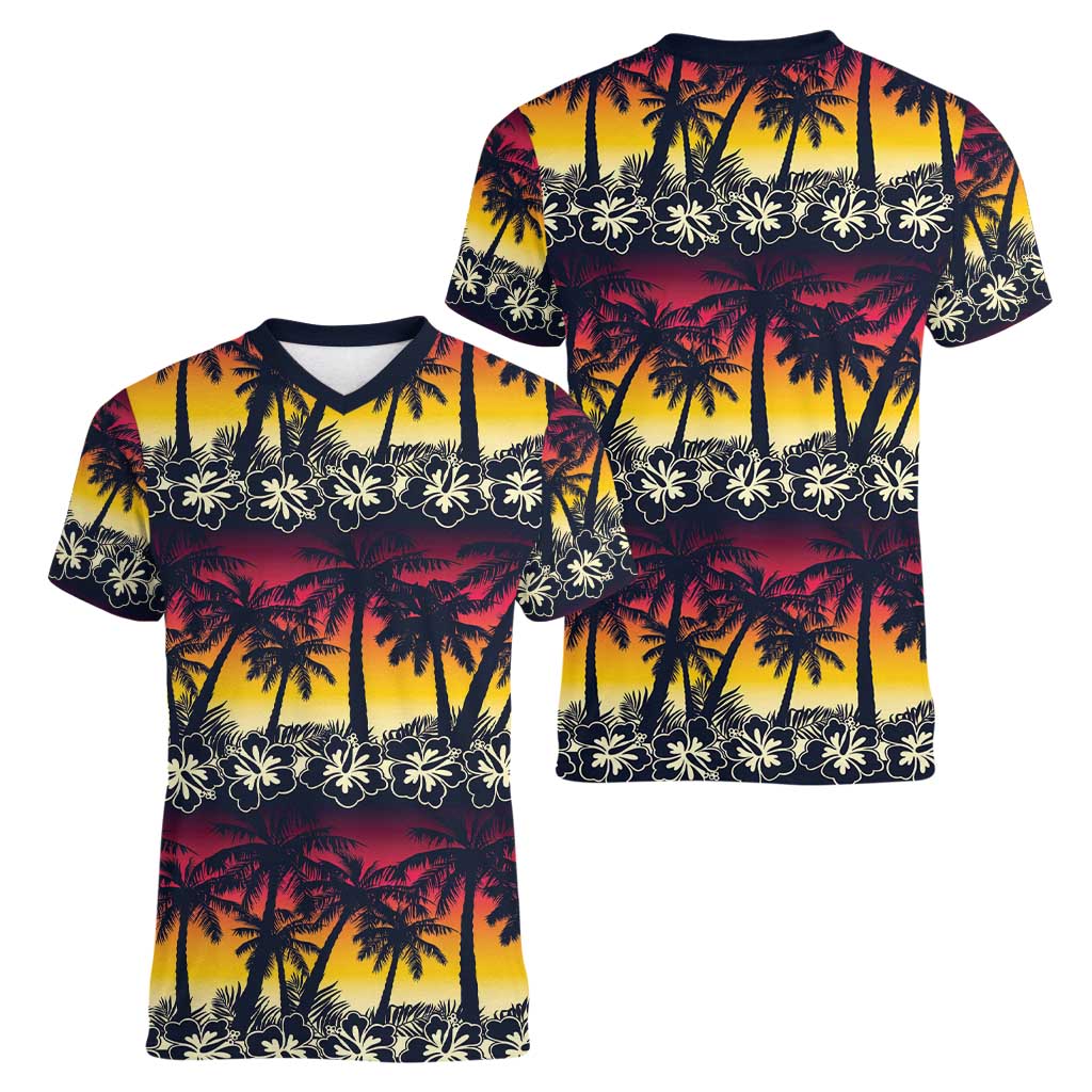 Hawaii Hibiscus Palm Tree Sunset Women V-Neck T-Shirt Tropical Style - Polynesian Pride