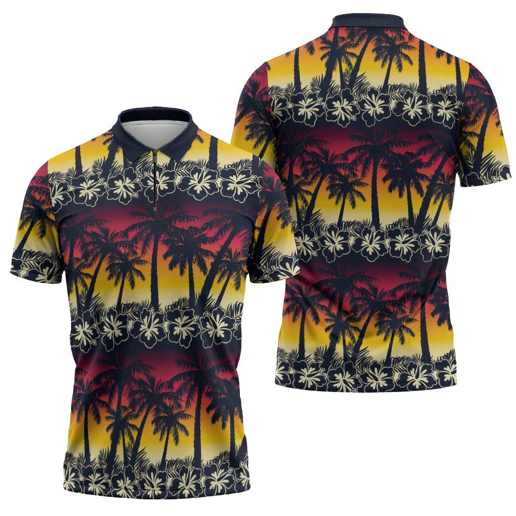 Hawaii Hibiscus Palm Tree Sunset Zipper Polo Shirt Tropical Style - Polynesian Pride