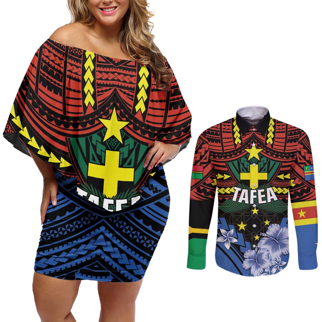 Personalised Vanuatu Tafea Province Couples Matching Off Shoulder Short Dress and Long Sleeve Button Shirt Unique Tropical Tribal Pattern