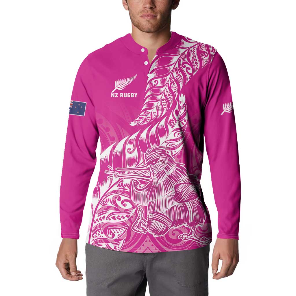 Custom New Zealand Rugby Silver Fern Button Sweatshirt Aotearoa Kiwi Maori Pink Version - Polynesian Pride