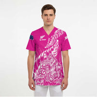 Custom New Zealand Rugby Silver Fern Scrub Top Aotearoa Kiwi Maori Pink Version - Polynesian Pride
