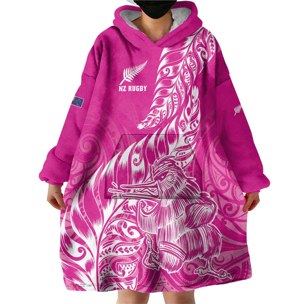 Custom New Zealand Rugby Silver Fern Wearable Blanket Hoodie Aotearoa Kiwi Maori Pink Version - Polynesian Pride