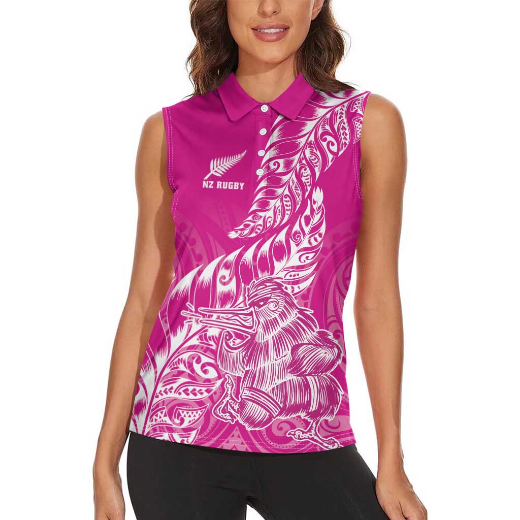 Custom New Zealand Rugby Silver Fern Women Sleeveless Polo Shirt Aotearoa Kiwi Maori Pink Version - Polynesian Pride