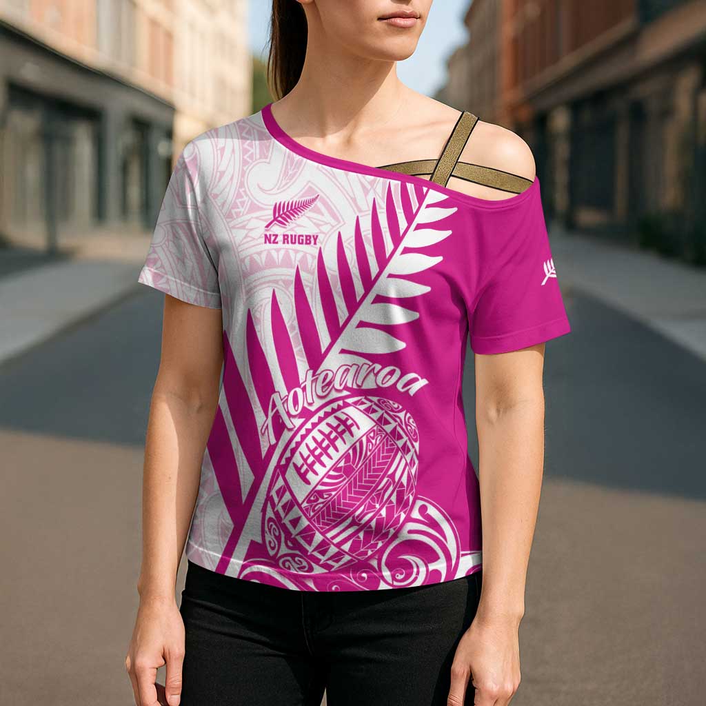 Custom New Zealand Rugby Silver Fern Cross Shoulder Shirt Aotearoa Maori Pink Version - Polynesian Pride