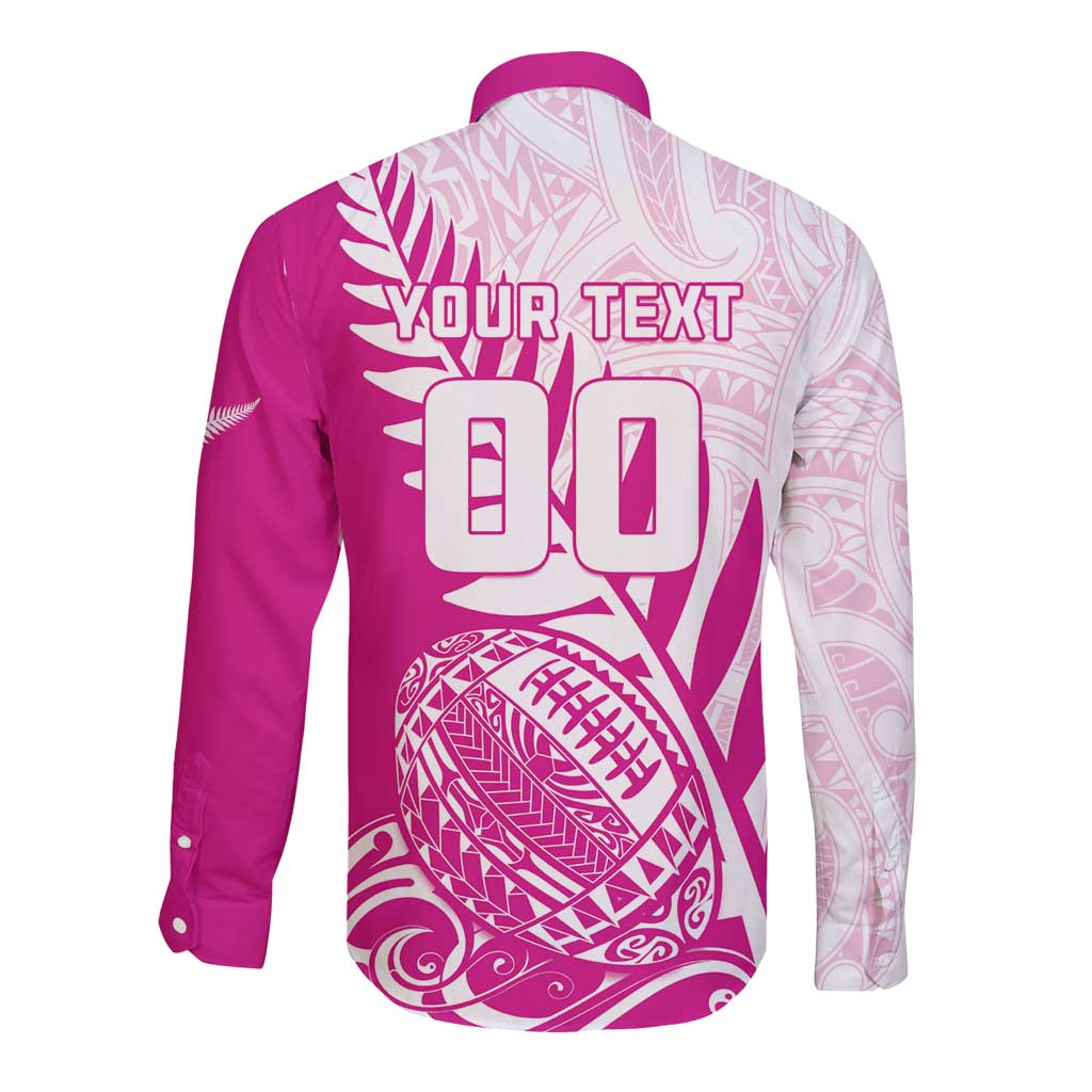 Custom New Zealand Rugby Silver Fern Long Sleeve Button Shirt Aotearoa Maori Pink Version - Polynesian Pride