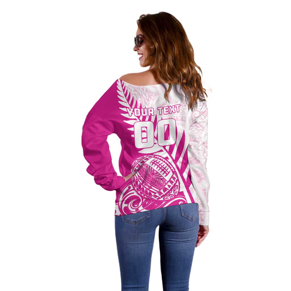 Custom New Zealand Rugby Silver Fern Off Shoulder Sweater Aotearoa Maori Pink Version - Polynesian Pride