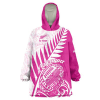 Custom New Zealand Rugby Silver Fern Wearable Blanket Hoodie Aotearoa Maori Pink Version - Polynesian Pride