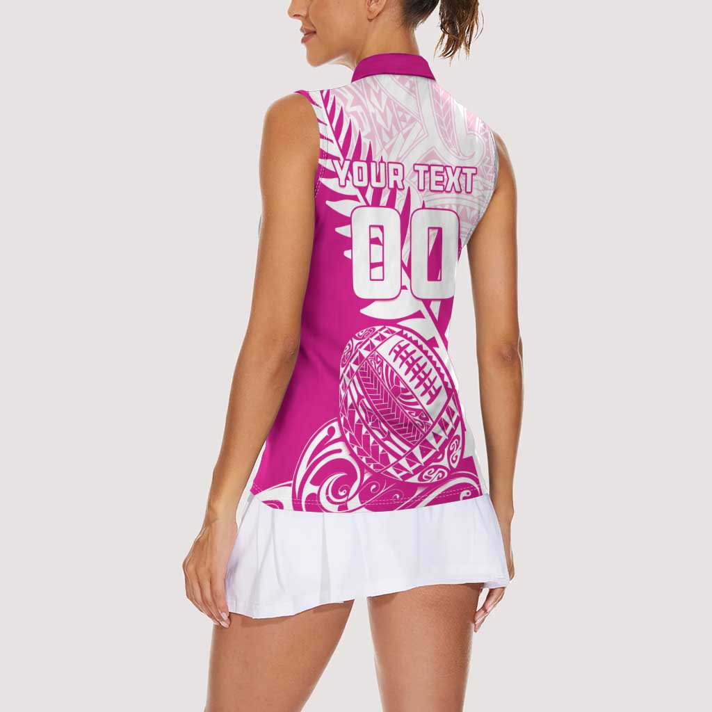 Custom New Zealand Rugby Silver Fern Women Sleeveless Polo Shirt Aotearoa Maori Pink Version - Polynesian Pride
