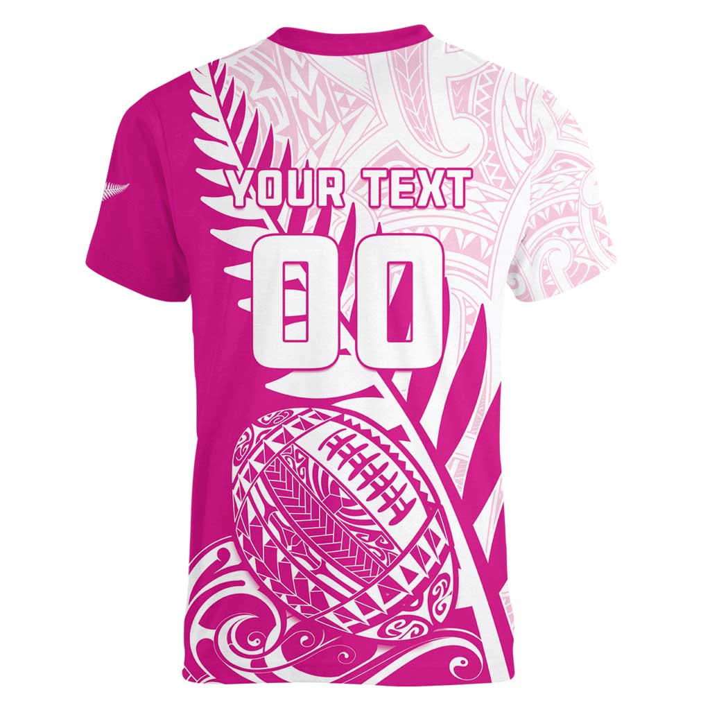 Custom New Zealand Rugby Silver Fern Women V-Neck T-Shirt Aotearoa Maori Pink Version - Polynesian Pride