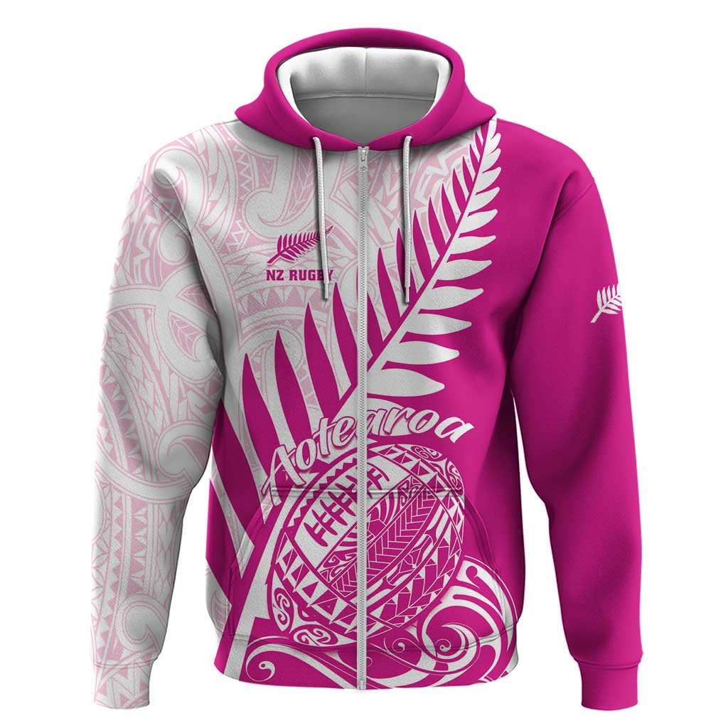 Custom New Zealand Rugby Silver Fern Zip Hoodie Aotearoa Maori Pink Version - Polynesian Pride
