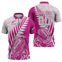Custom New Zealand Rugby Silver Fern Zipper Polo Shirt Aotearoa Maori Pink Version - Polynesian Pride