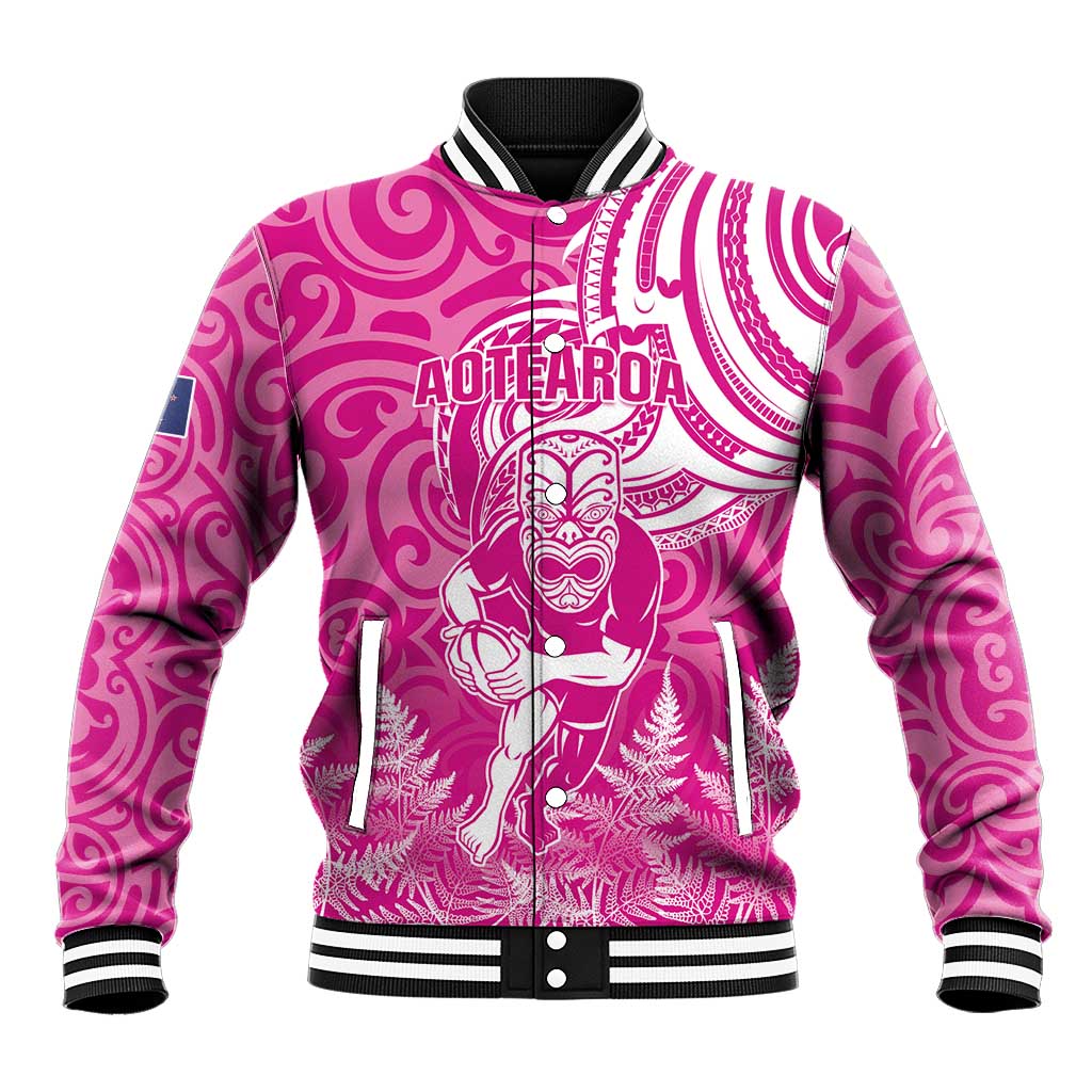New Zealand Silver Fern Rugby All Pink Baseball Jacket Maori Tiki Player With Ta Moko Tribal - Polynesian Pride