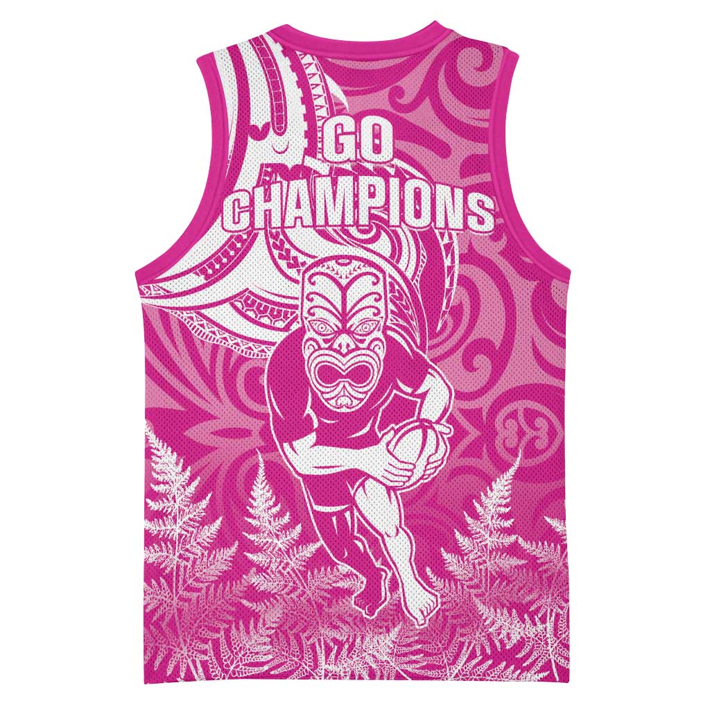 New Zealand Silver Fern Rugby All Pink Basketball Jersey Maori Tiki Player With Ta Moko Tribal - Polynesian Pride