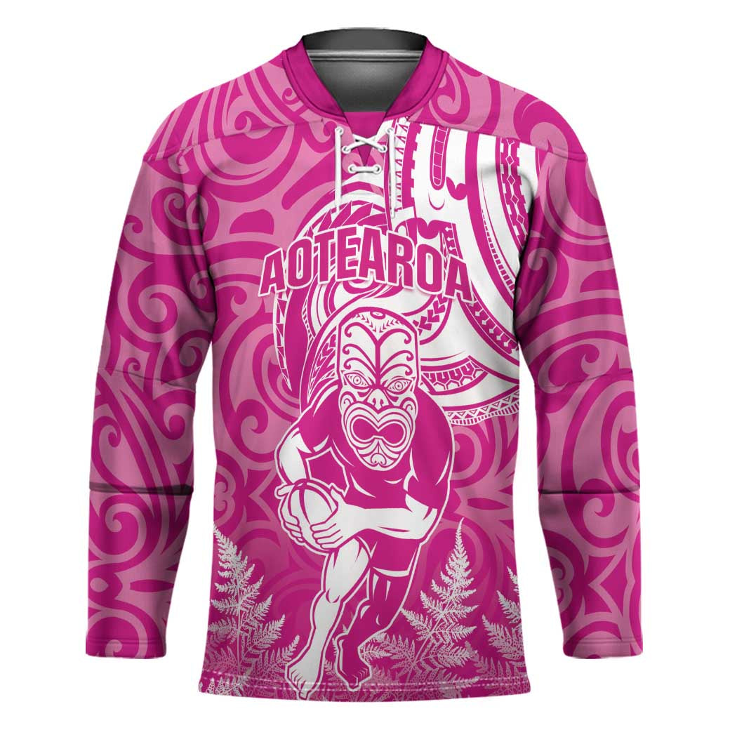 New Zealand Silver Fern Rugby All Pink Hockey Jersey Maori Tiki Player With Ta Moko Tribal - Polynesian Pride