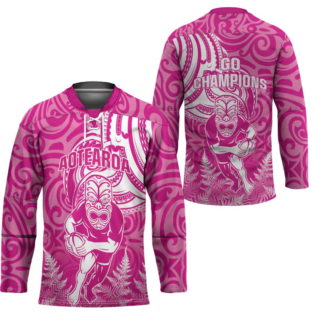 New Zealand Silver Fern Rugby All Pink Hockey Jersey Maori Tiki Player With Ta Moko Tribal - Polynesian Pride