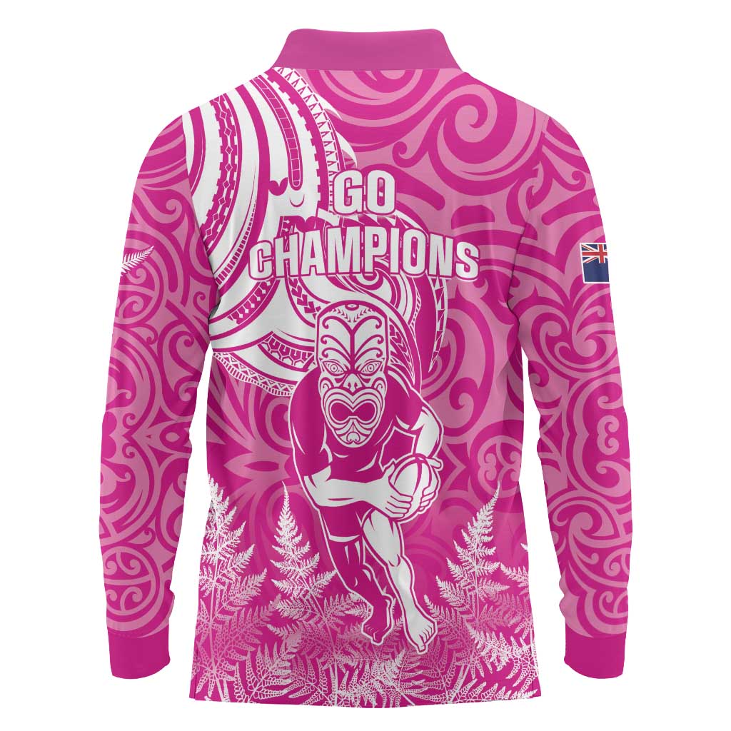 New Zealand Silver Fern Rugby All Pink Long Sleeve Polo Shirt Maori Tiki Player With Ta Moko Tribal - Polynesian Pride