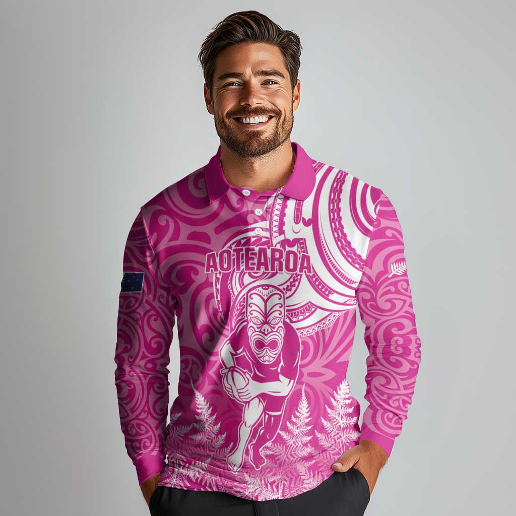 New Zealand Silver Fern Rugby All Pink Long Sleeve Polo Shirt Maori Tiki Player With Ta Moko Tribal - Polynesian Pride