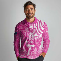 New Zealand Silver Fern Rugby All Pink Long Sleeve Polo Shirt Maori Tiki Player With Ta Moko Tribal - Polynesian Pride
