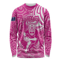 New Zealand Silver Fern Rugby All Pink Long Sleeve Shirt Maori Tiki Player With Ta Moko Tribal - Polynesian Pride