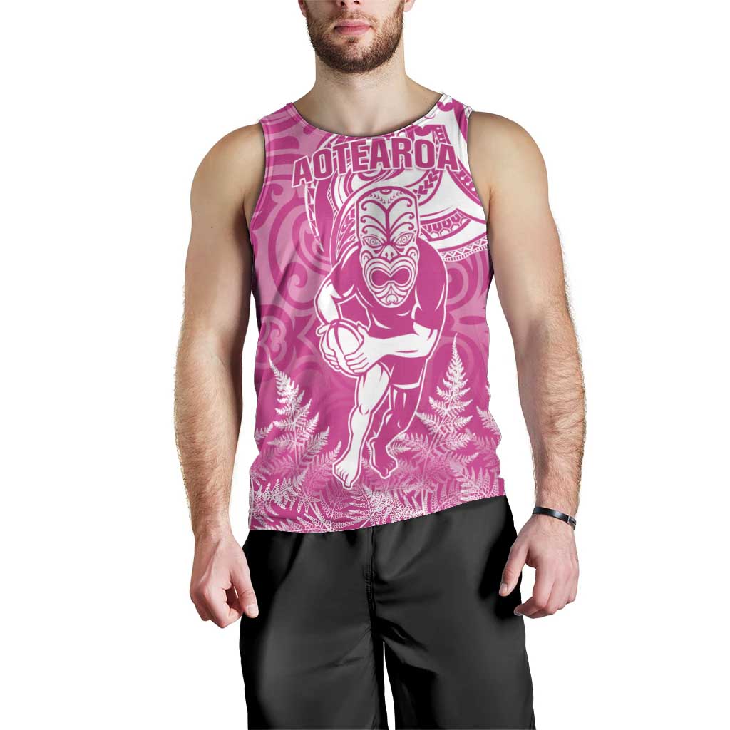 New Zealand Silver Fern Rugby All Pink Men Tank Top Maori Tiki Player With Ta Moko Tribal - Polynesian Pride