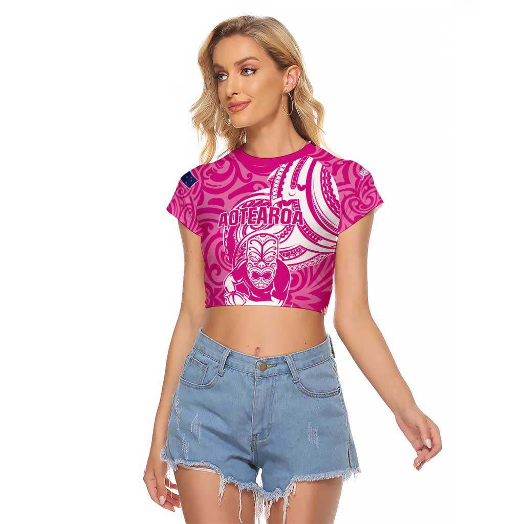 New Zealand Silver Fern Rugby All Pink Raglan Cropped T Shirt Maori Tiki Player With Ta Moko Tribal - Polynesian Pride