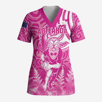 New Zealand Silver Fern Rugby All Pink Scrub Top Maori Tiki Player With Ta Moko Tribal - Polynesian Pride