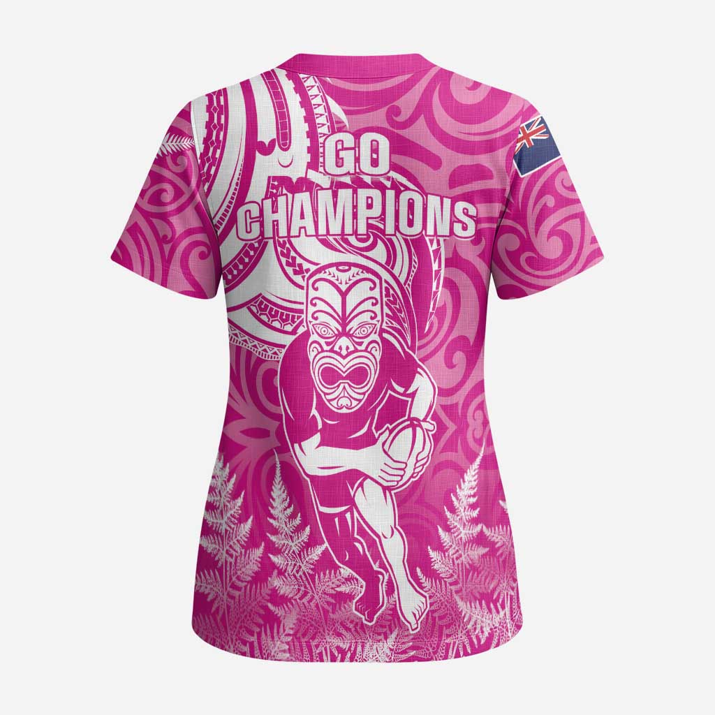 New Zealand Silver Fern Rugby All Pink Scrub Top Maori Tiki Player With Ta Moko Tribal - Polynesian Pride