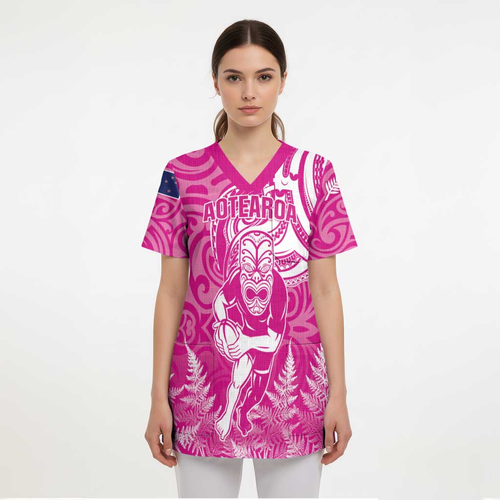 New Zealand Silver Fern Rugby All Pink Scrub Top Maori Tiki Player With Ta Moko Tribal - Polynesian Pride