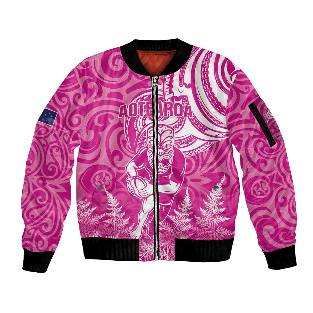 New Zealand Silver Fern Rugby All Pink Sleeve Zip Bomber Jacket Maori Tiki Player With Ta Moko Tribal - Polynesian Pride