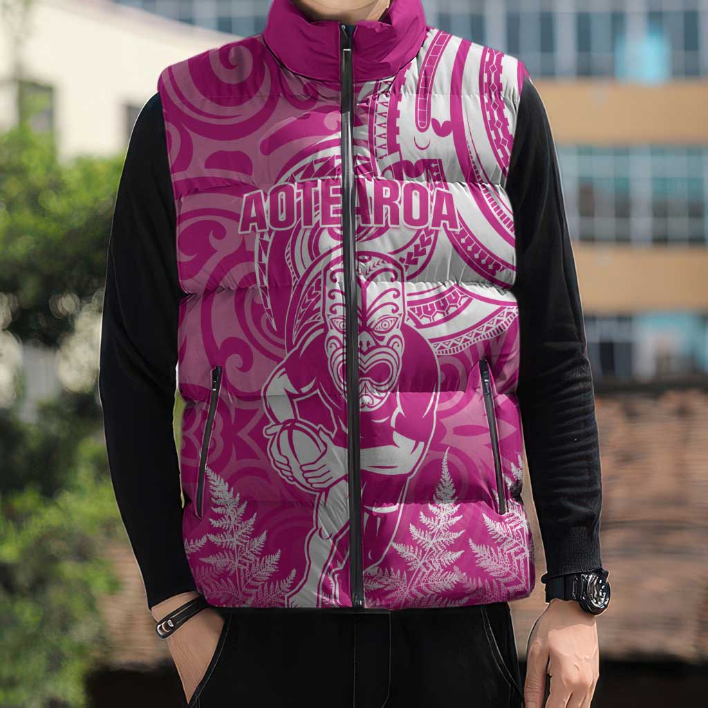 New Zealand Silver Fern Rugby All Pink Sleeveless Puffer Jacket Maori Tiki Player With Ta Moko Tribal - Polynesian Pride