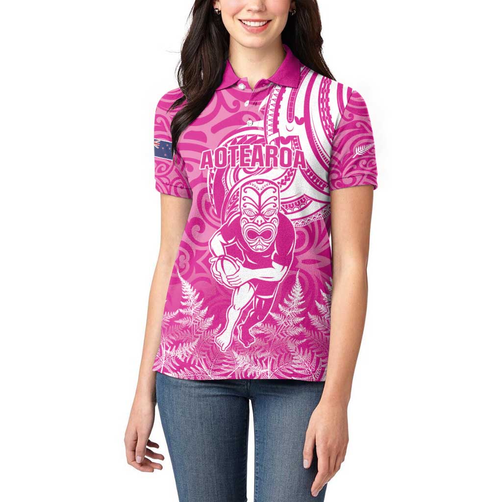 New Zealand Silver Fern Rugby All Pink Women Polo Shirt Maori Tiki Player With Ta Moko Tribal - Polynesian Pride