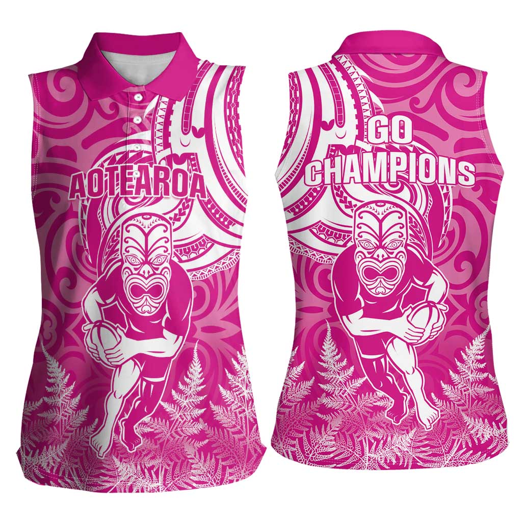 New Zealand Silver Fern Rugby All Pink Women Sleeveless Polo Shirt Maori Tiki Player With Ta Moko Tribal - Polynesian Pride