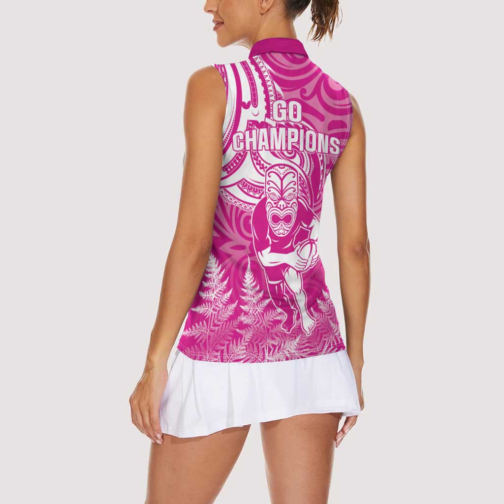 New Zealand Silver Fern Rugby All Pink Women Sleeveless Polo Shirt Maori Tiki Player With Ta Moko Tribal - Polynesian Pride