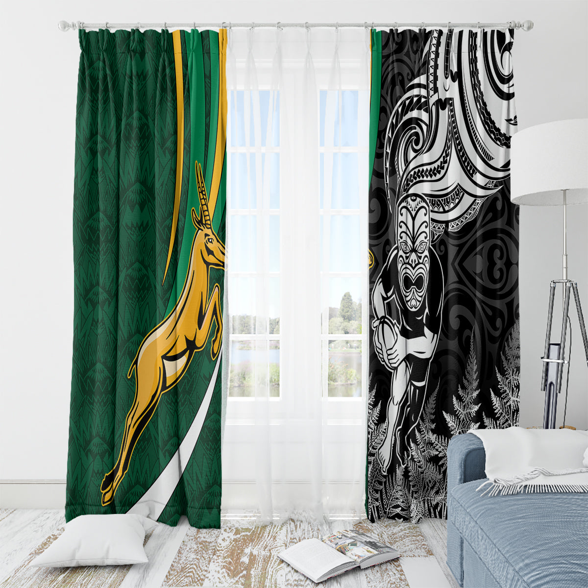 New Zealand and South Africa Rugby Window Curtain Silver Fern Protea Pattern World Cup 2023 LT01 - Polynesian Pride
